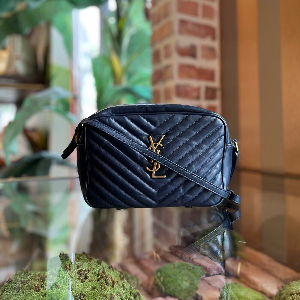 SAINT LAURENT Lou Navy Blue Calfskin Matelasse Monogram Crossbody Bag